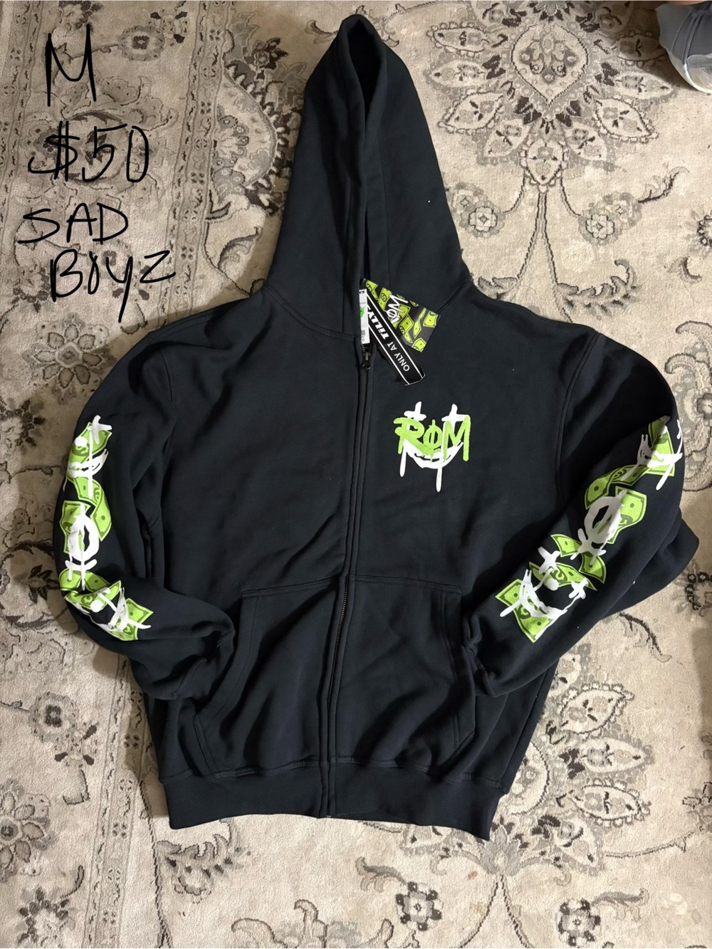Men’s Black Zip-Up Hoodie with Green Graphic